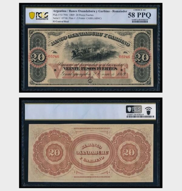 1869 - 20 Pesos - REMAINDER - PCGS