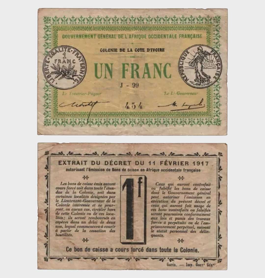 #CO8908 - Ivory Coast 1917 - 1 Franc - Image 1